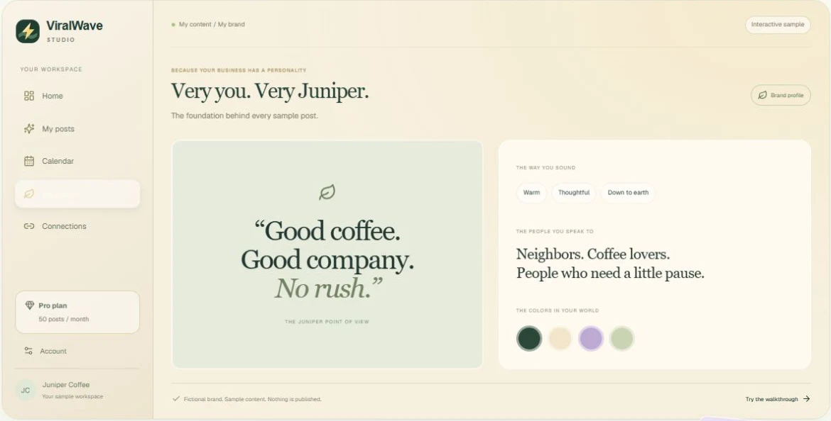 Homepage brand profile preview. My brand holds the editable business profile for your account.