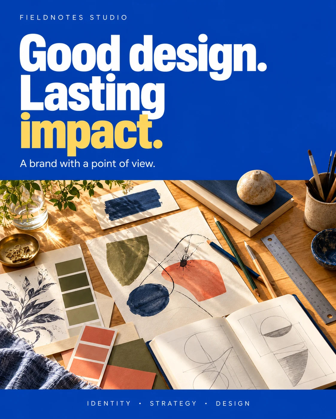 Fieldnotes Studio: Good design. Lasting impact. Color swatches, sketches and design tools on an oak studio worktable.