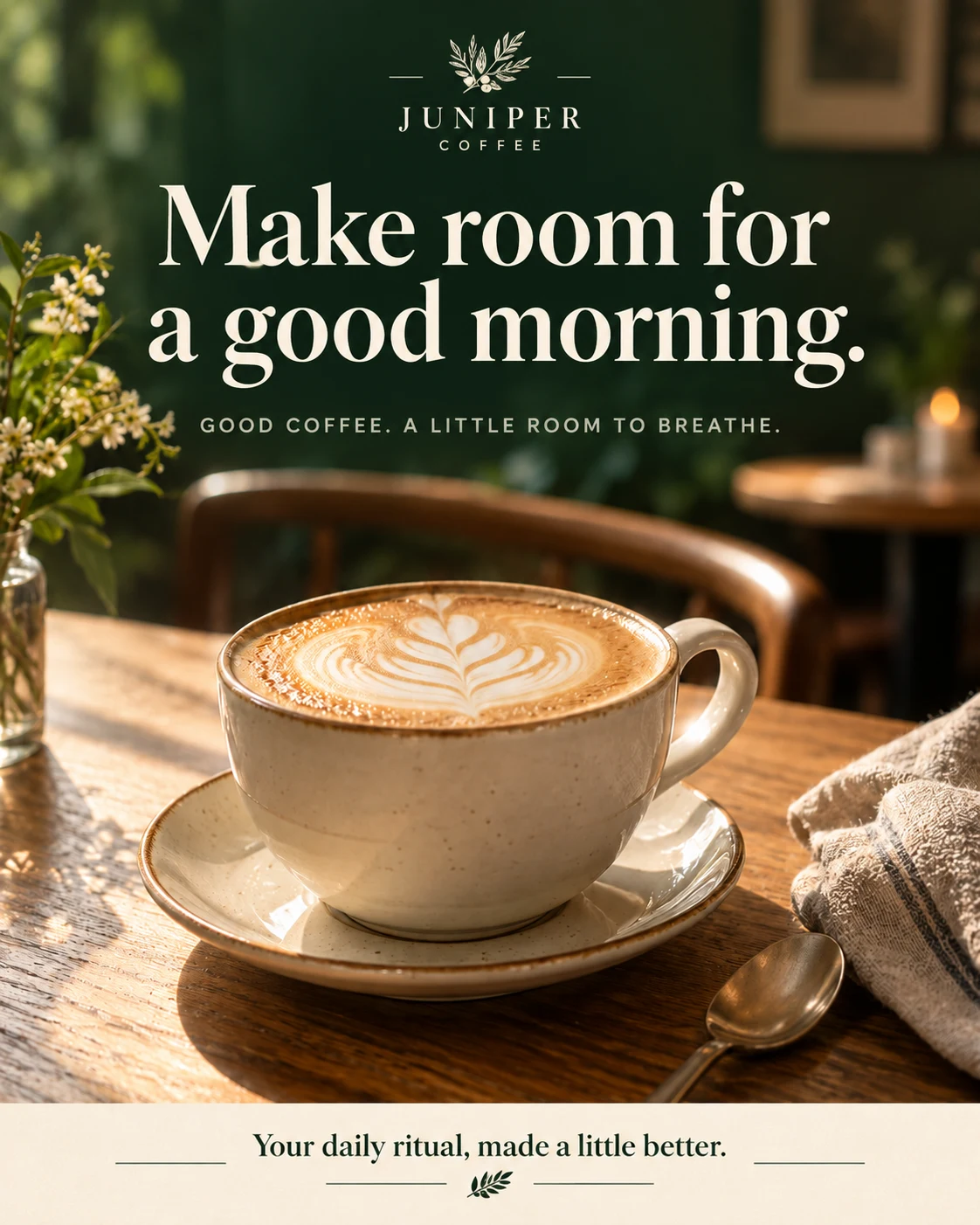 Juniper Coffee: Make room for a good morning. Leaf latte art in a ceramic cup on a sunlit cafe table.