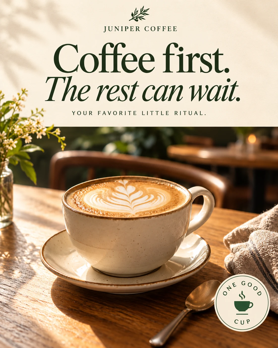 Juniper Coffee: Coffee first. The rest can wait. A cappuccino and linen napkin in warm morning sunlight.