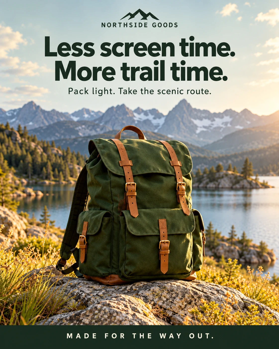 Northside Goods: Less screen time. More trail time. Forest-green hiking backpack beside a mountain lake.