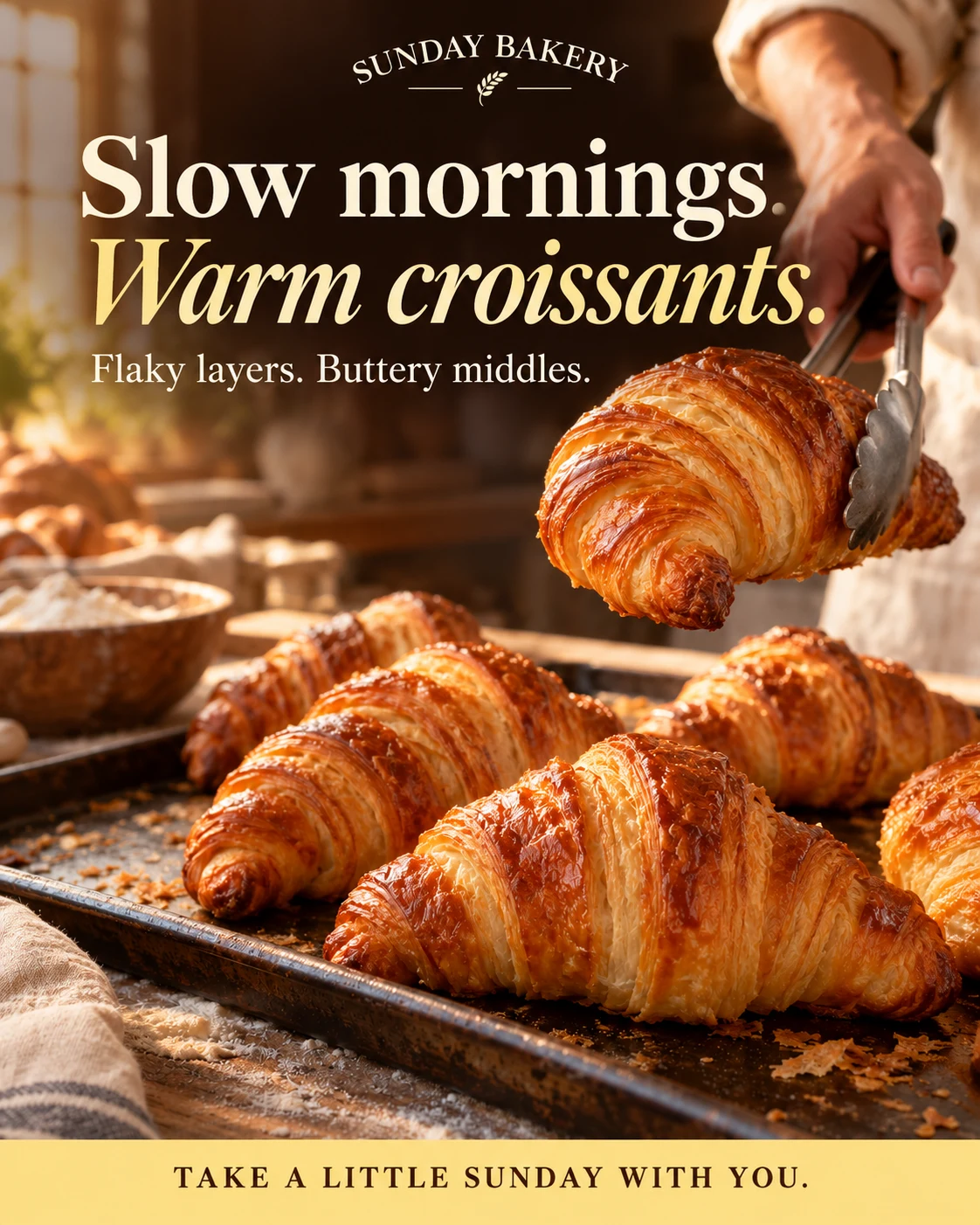 Sunday Bakery: Slow mornings. Warm croissants. Golden flaky croissants fresh from the oven on a bakery tray.